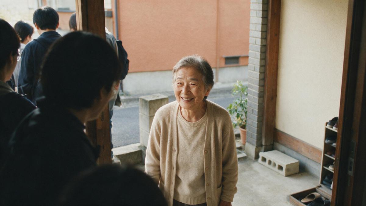自宅の玄関先で取材スタッフを笑顔で迎える高齢の女性