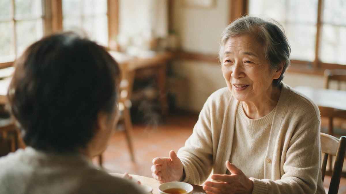 お茶を挟んで身振りを交えながら人生を語る高齢の女性