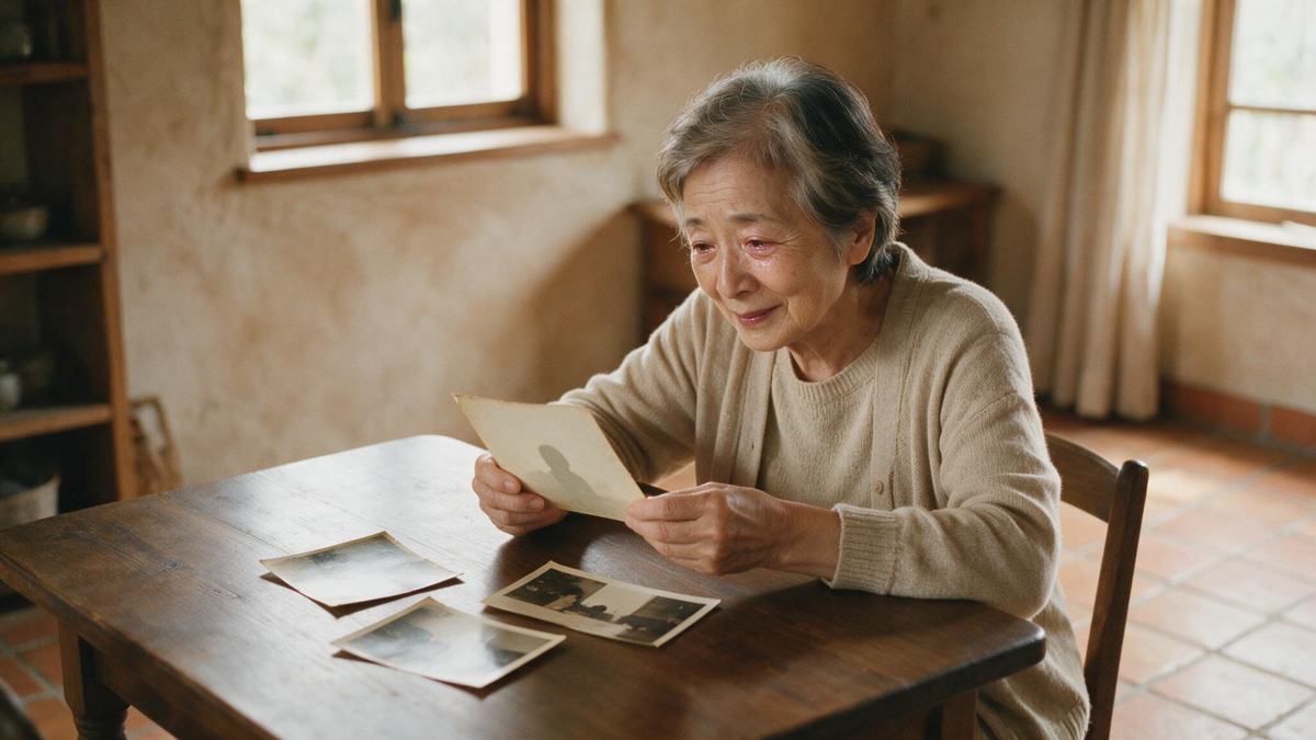 古い写真を手に取り、涙ぐみながら見つめる高齢の女性