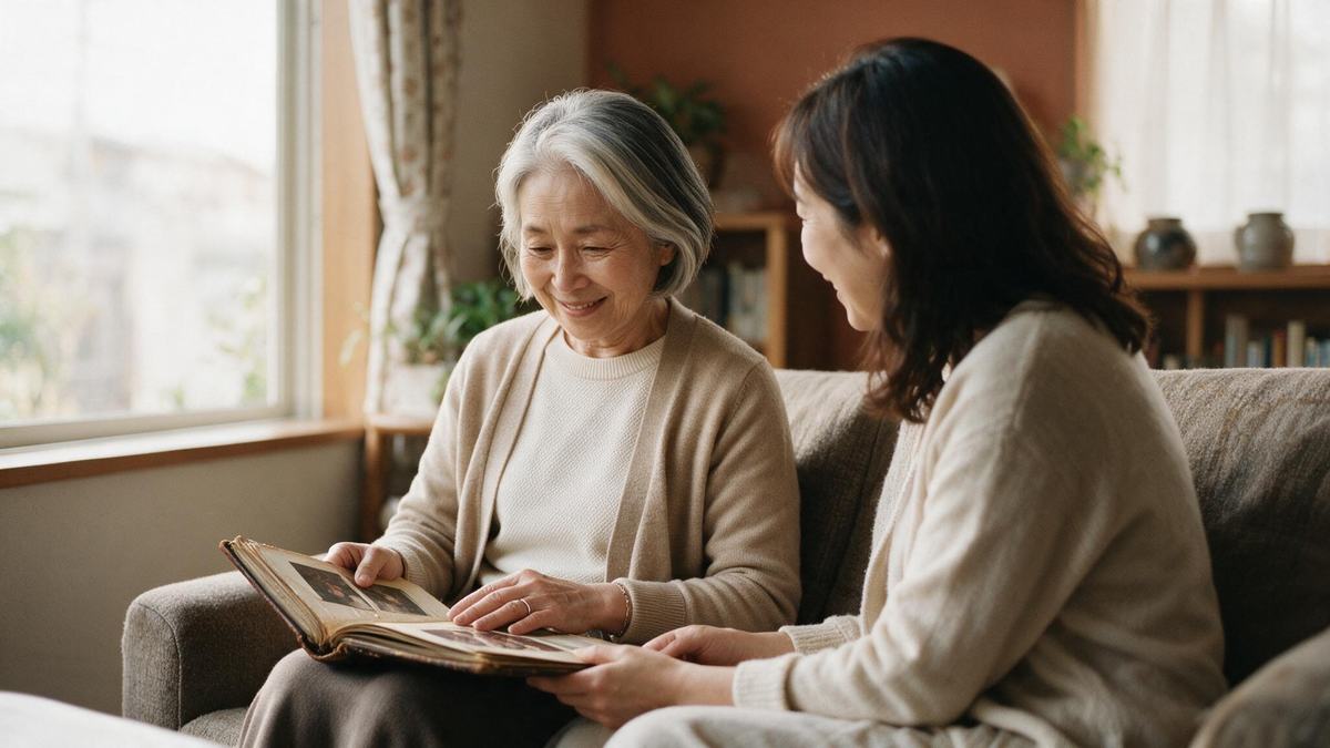 ソファでアルバムを一緒に開く母と娘